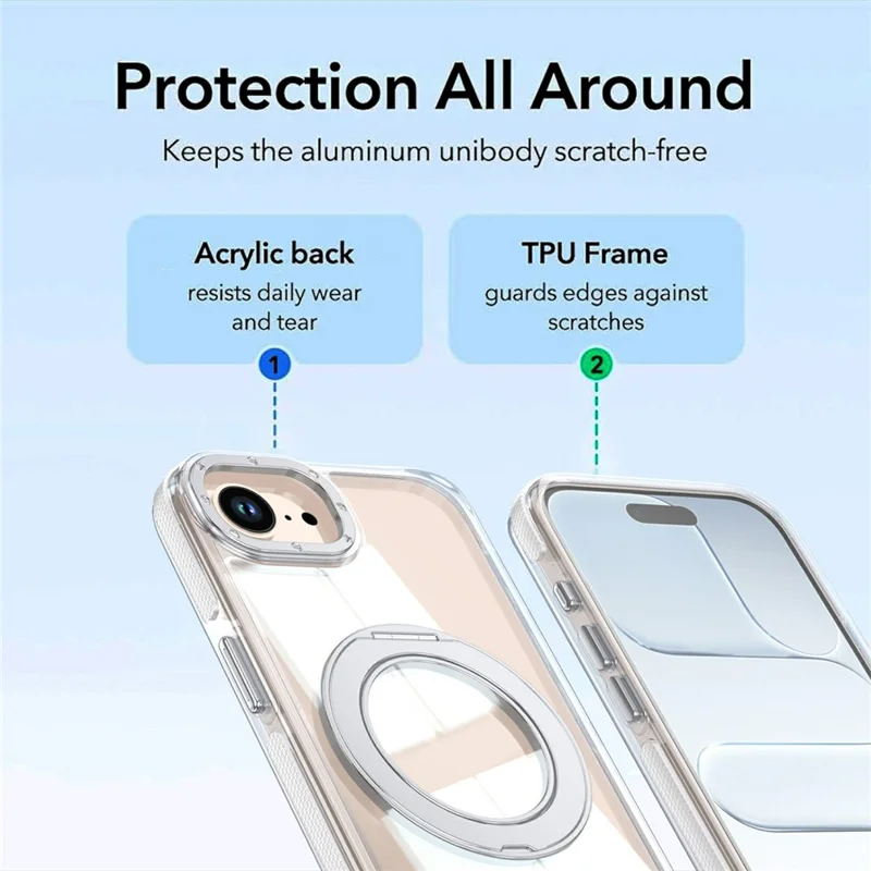 For iPhone 16e  /  17e Magnetic Case Rotating Ring Kickstand Dual Color Acrylic + TPU Clear Phone Cover - White