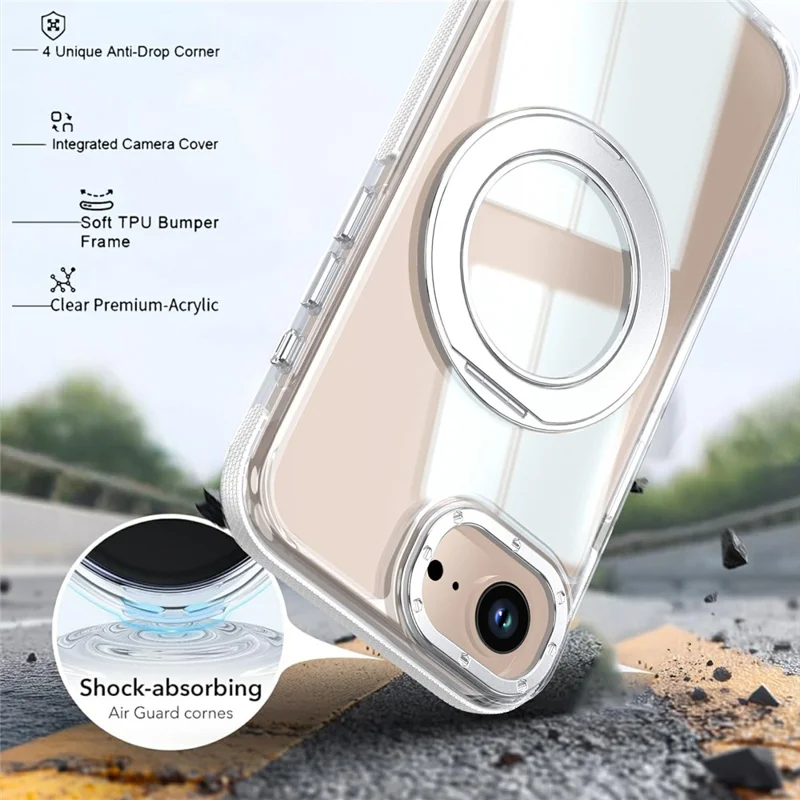 For iPhone 16e  /  17e Magnetic Case Rotating Ring Kickstand Dual Color Acrylic + TPU Clear Phone Cover - White