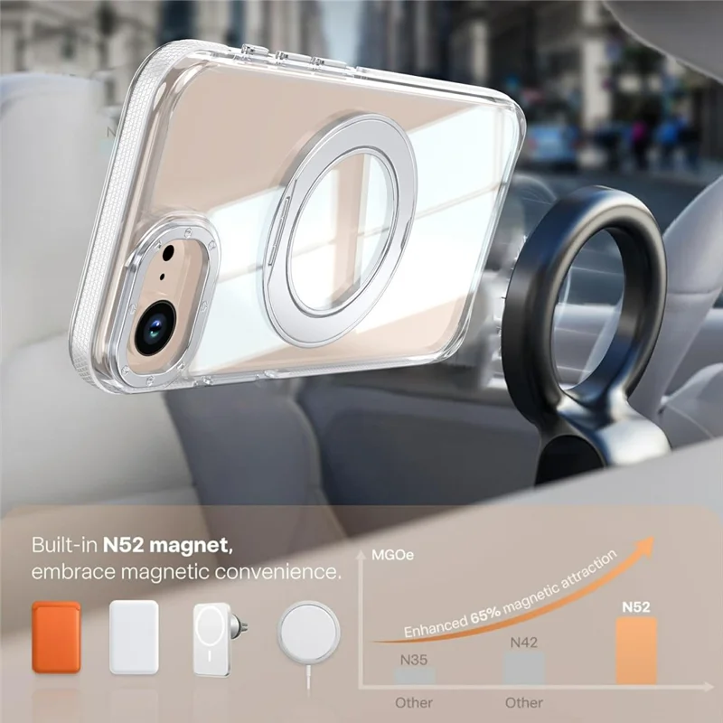 For iPhone 16e  /  17e Magnetic Case Rotating Ring Kickstand Dual Color Acrylic + TPU Clear Phone Cover - White