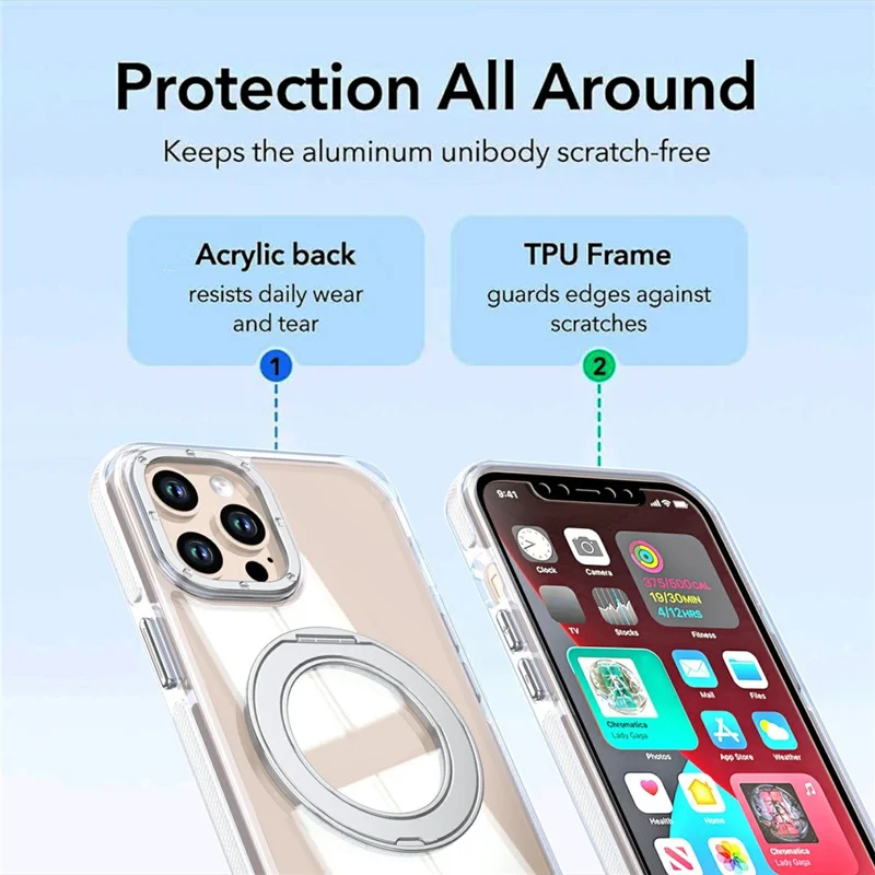 For iPhone 12  /  12 Pro Magnetic Case Rotating Ring Kickstand Dual Color Acrylic + TPU Clear Phone Cover - White