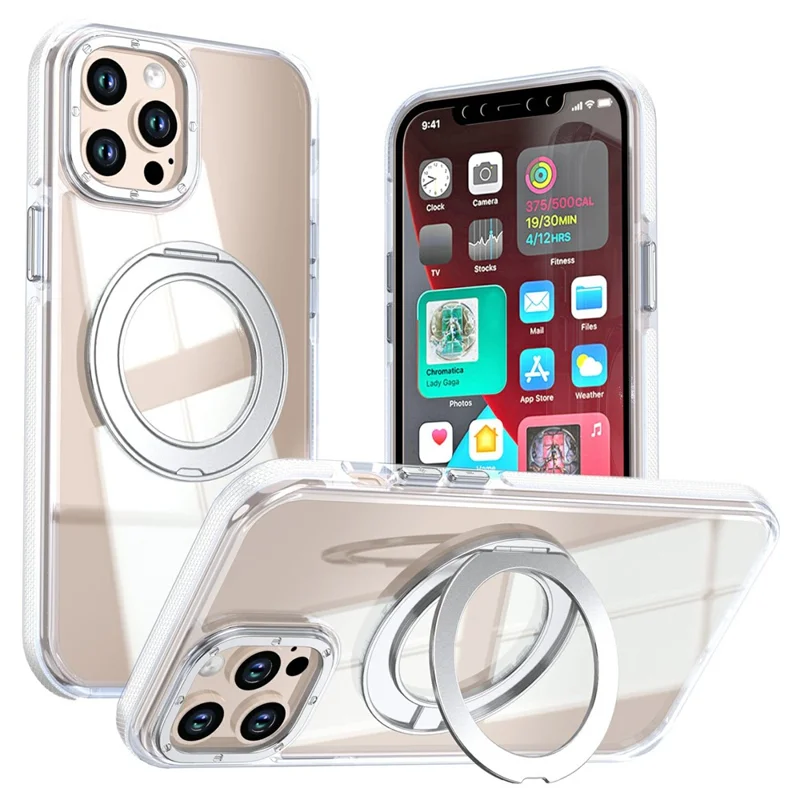 For iPhone 12 Pro Max Magnetic Case Rotating Ring Kickstand Dual Color Acrylic + TPU Clear Phone Cover - White