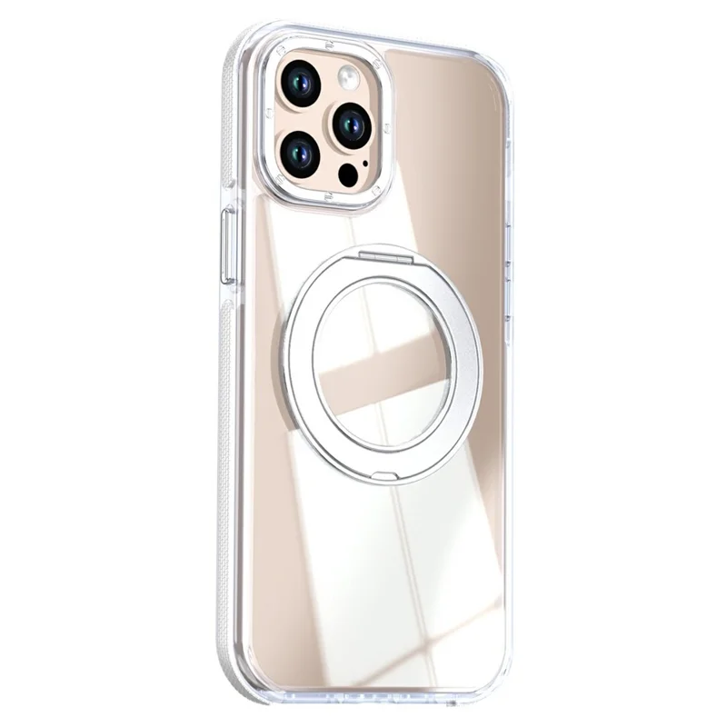 For iPhone 12 Pro Max Magnetic Case Rotating Ring Kickstand Dual Color Acrylic + TPU Clear Phone Cover - White