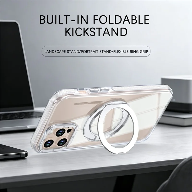 For iPhone 12 Pro Max Magnetic Case Rotating Ring Kickstand Dual Color Acrylic + TPU Clear Phone Cover - White