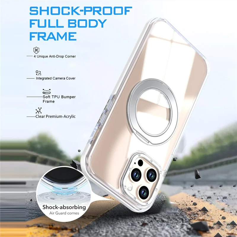 For iPhone 12 Pro Max Magnetic Case Rotating Ring Kickstand Dual Color Acrylic + TPU Clear Phone Cover - White