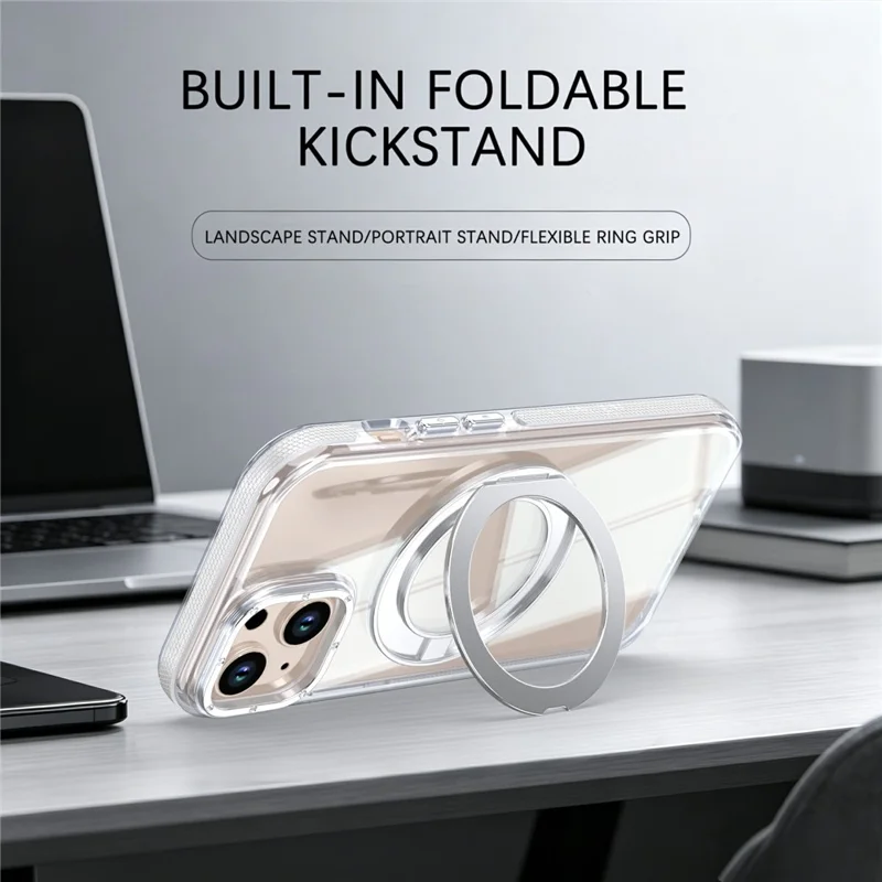 For iPhone 13  /  14 Magnetic Case Rotating Ring Kickstand Dual Color Acrylic + TPU Clear Phone Cover - White