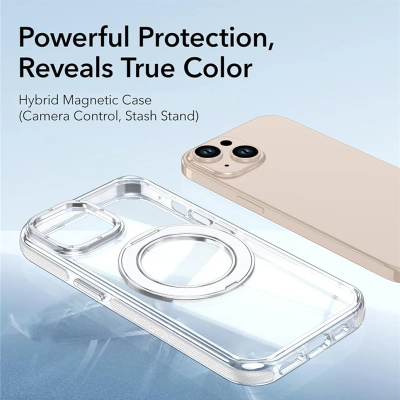 For iPhone 13  /  14 Magnetic Case Rotating Ring Kickstand Dual Color Acrylic + TPU Clear Phone Cover - White