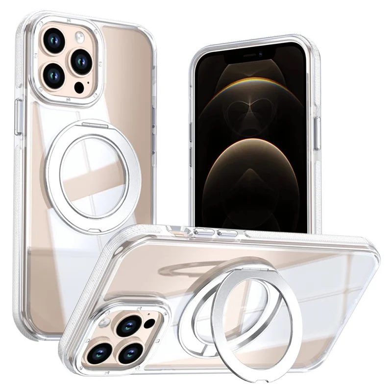 For iPhone 13 Pro Max Magnetic Case Rotating Ring Kickstand Dual Color Acrylic + TPU Clear Phone Cover - White