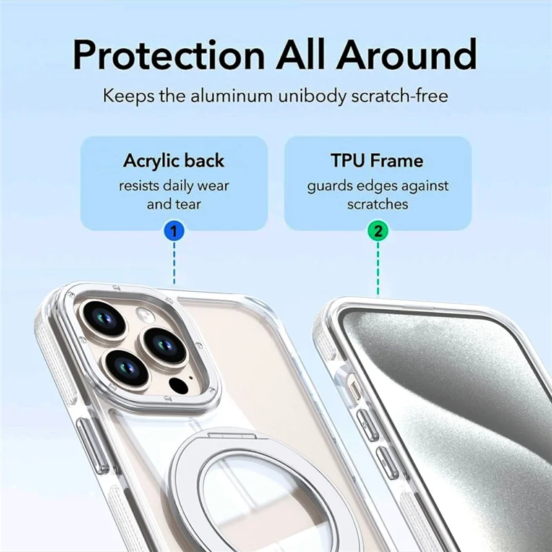 For iPhone 13 Pro Max Magnetic Case Rotating Ring Kickstand Dual Color Acrylic + TPU Clear Phone Cover - White