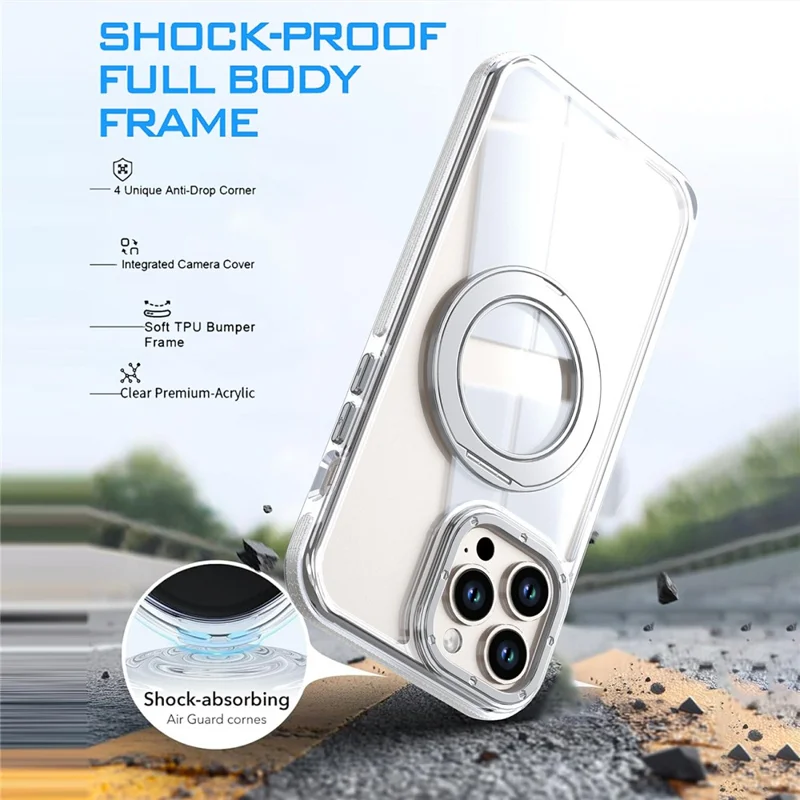 For iPhone 13 Pro Max Magnetic Case Rotating Ring Kickstand Dual Color Acrylic + TPU Clear Phone Cover - White