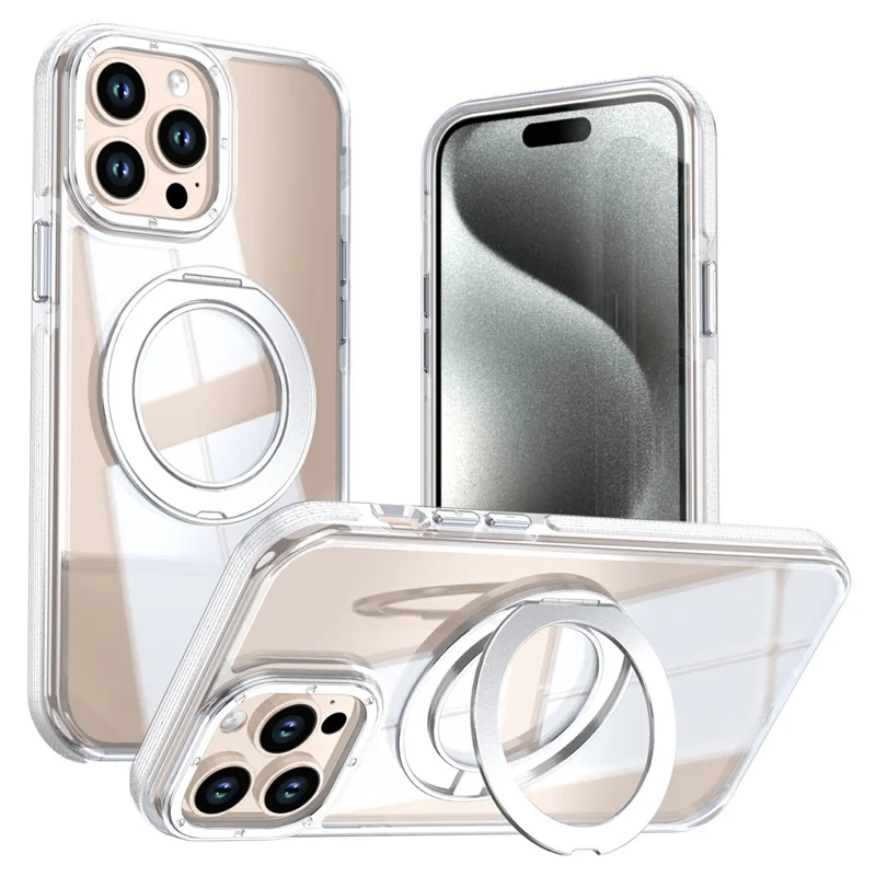 For iPhone 14 Pro Magnetic Case Rotating Ring Kickstand Dual Color Acrylic + TPU Clear Phone Cover - White