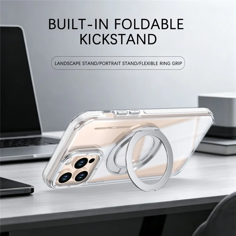 For iPhone 14 Pro Magnetic Case Rotating Ring Kickstand Dual Color Acrylic + TPU Clear Phone Cover - White