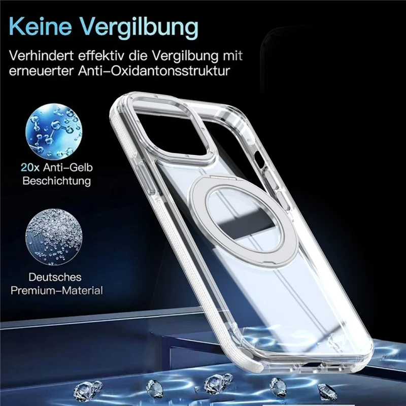 For iPhone 14 Pro Max Magnetic Case Rotating Ring Kickstand Dual Color Acrylic + TPU Clear Phone Cover - White