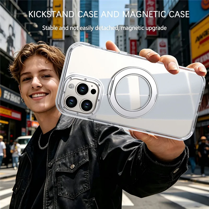 For iPhone 14 Pro Max Magnetic Case Rotating Ring Kickstand Dual Color Acrylic + TPU Clear Phone Cover - White