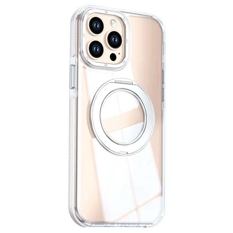 For iPhone 14 Pro Max Magnetic Case Rotating Ring Kickstand Dual Color Acrylic + TPU Clear Phone Cover - White