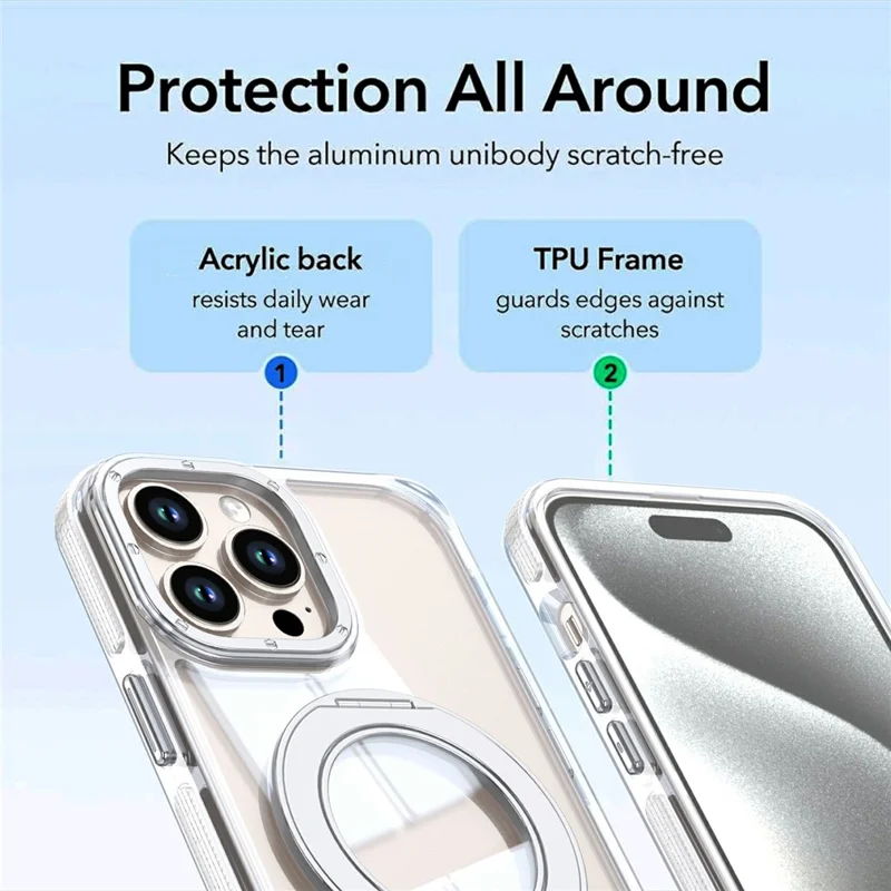 For iPhone 14 Pro Max Magnetic Case Rotating Ring Kickstand Dual Color Acrylic + TPU Clear Phone Cover - White