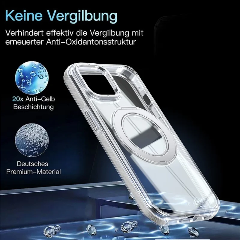 For iPhone 15 Magnetic Case Rotating Ring Kickstand Dual Color Acrylic + TPU Clear Phone Cover - White