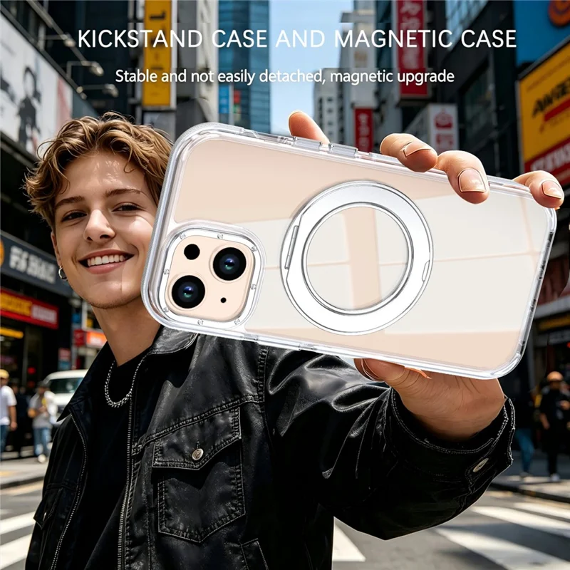 For iPhone 15 Magnetic Case Rotating Ring Kickstand Dual Color Acrylic + TPU Clear Phone Cover - White