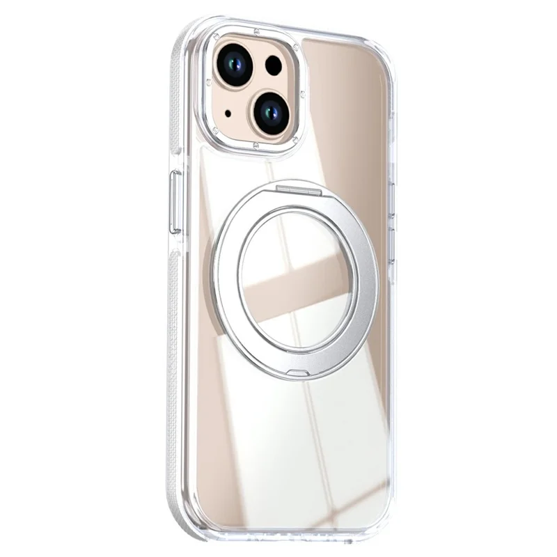 For iPhone 15 Magnetic Case Rotating Ring Kickstand Dual Color Acrylic + TPU Clear Phone Cover - White