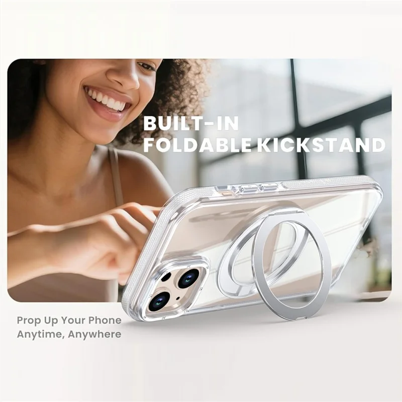 For iPhone 15 Magnetic Case Rotating Ring Kickstand Dual Color Acrylic + TPU Clear Phone Cover - White