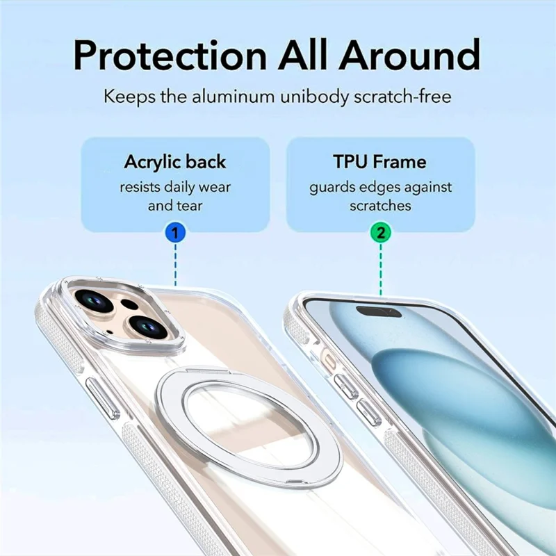 For iPhone 15 Magnetic Case Rotating Ring Kickstand Dual Color Acrylic + TPU Clear Phone Cover - White