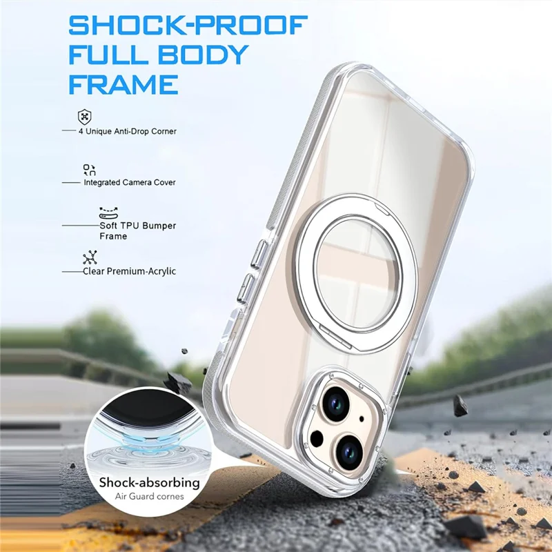 For iPhone 15 Magnetic Case Rotating Ring Kickstand Dual Color Acrylic + TPU Clear Phone Cover - White