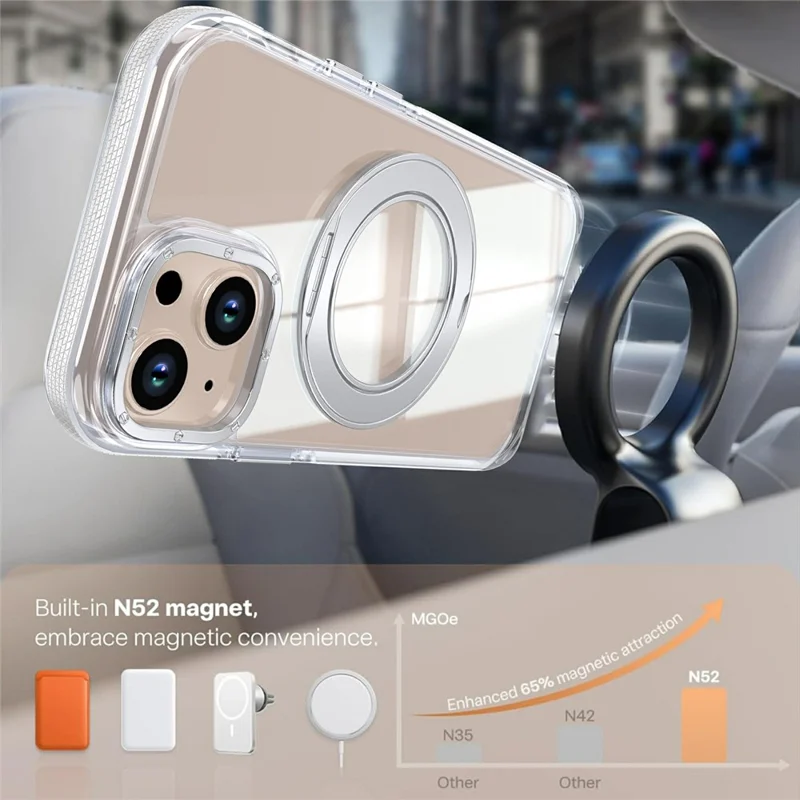 For iPhone 15 Magnetic Case Rotating Ring Kickstand Dual Color Acrylic + TPU Clear Phone Cover - White