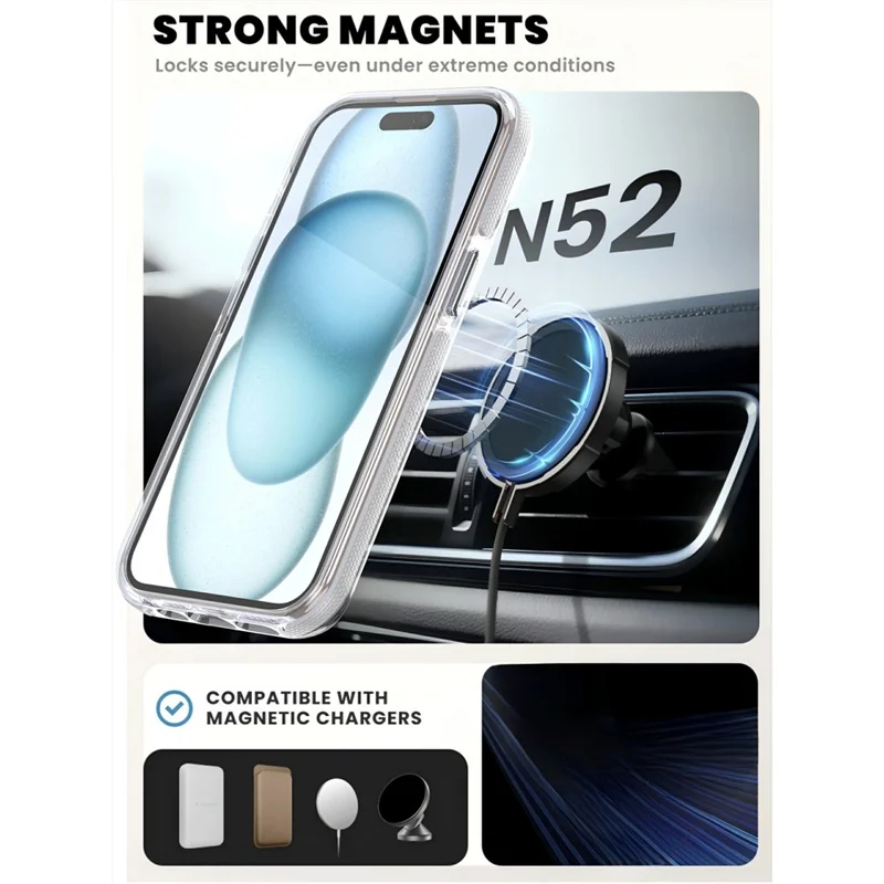 For iPhone 15 Magnetic Case Rotating Ring Kickstand Dual Color Acrylic + TPU Clear Phone Cover - White