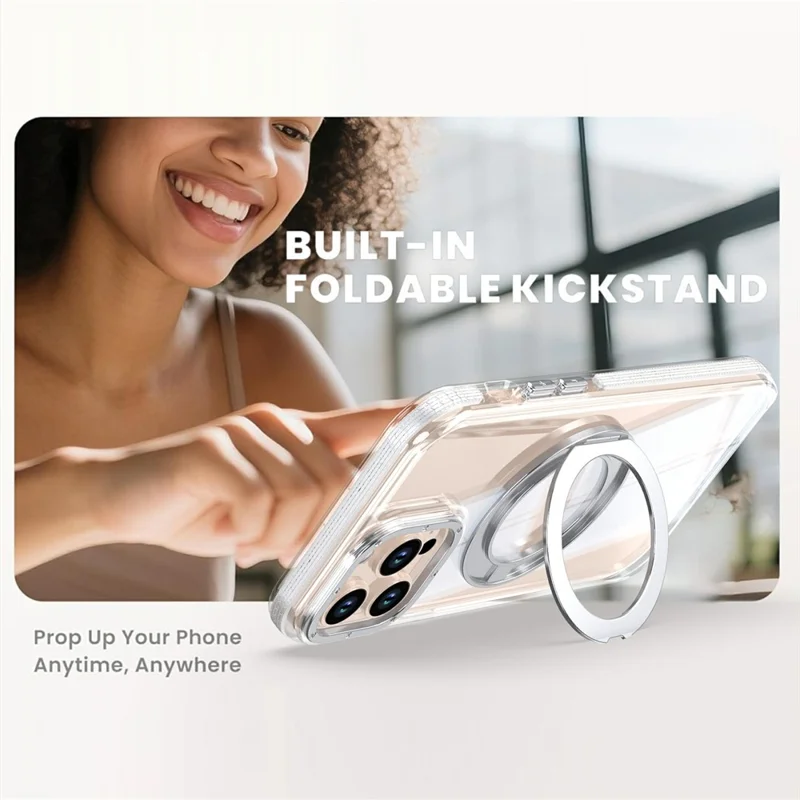 For iPhone 15 Pro Max Magnetic Case Rotating Ring Kickstand Dual Color Acrylic + TPU Clear Phone Cover - White