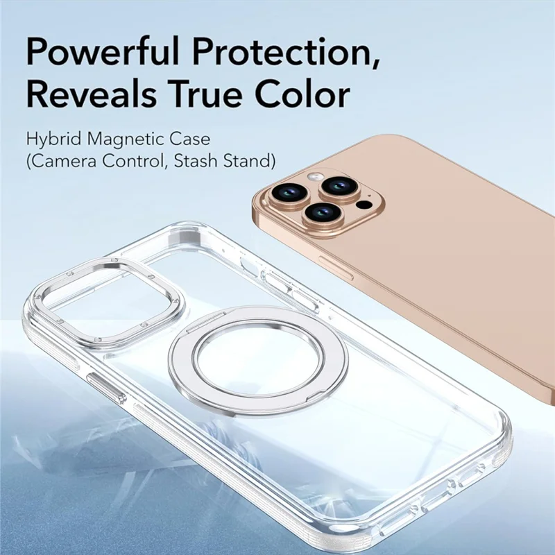 For iPhone 15 Pro Max Magnetic Case Rotating Ring Kickstand Dual Color Acrylic + TPU Clear Phone Cover - White