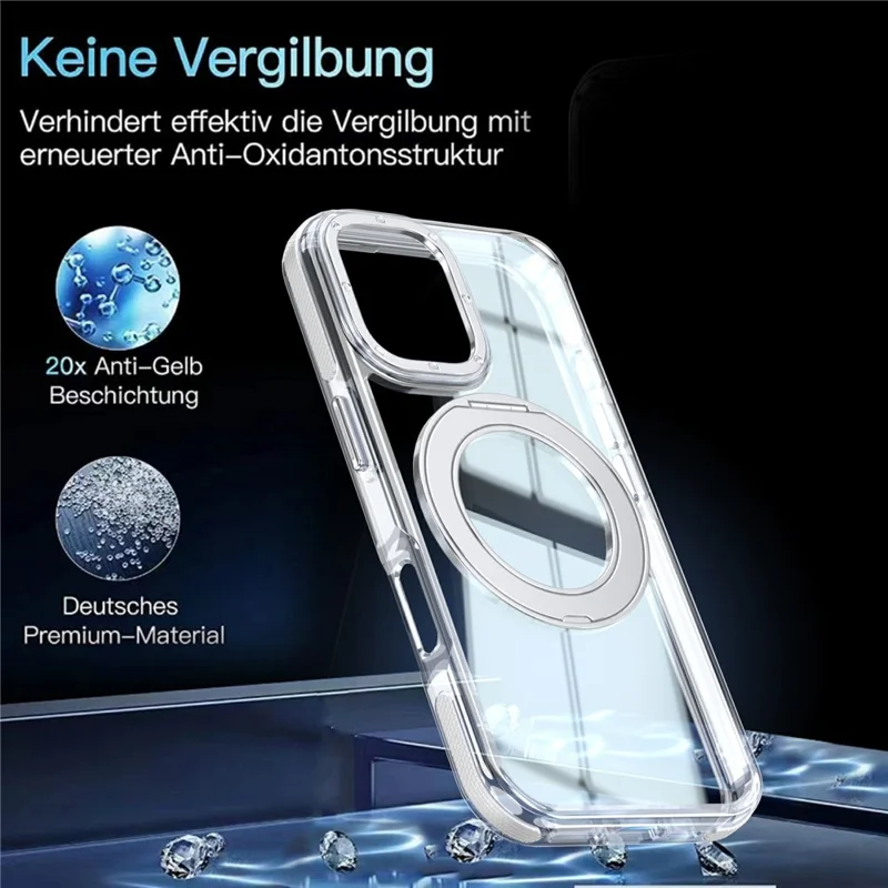For iPhone 16 Magnetic Case Rotating Ring Kickstand Dual Color Acrylic + TPU Clear Phone Cover - White