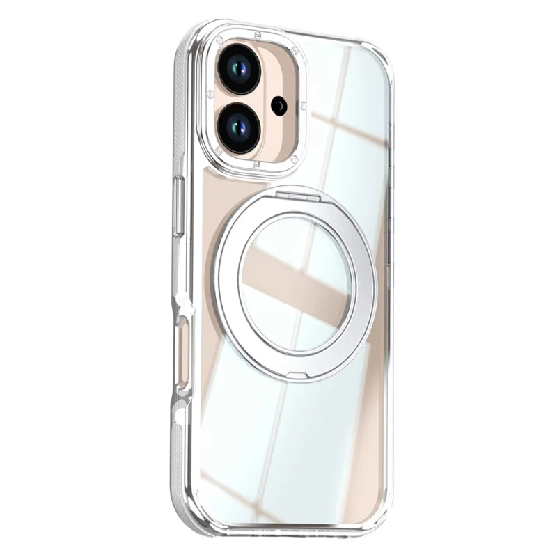 For iPhone 16 Magnetic Case Rotating Ring Kickstand Dual Color Acrylic + TPU Clear Phone Cover - White