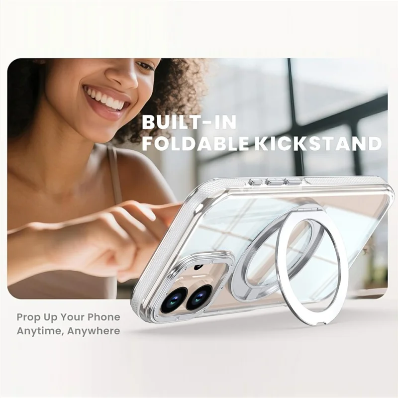 For iPhone 16 Magnetic Case Rotating Ring Kickstand Dual Color Acrylic + TPU Clear Phone Cover - White