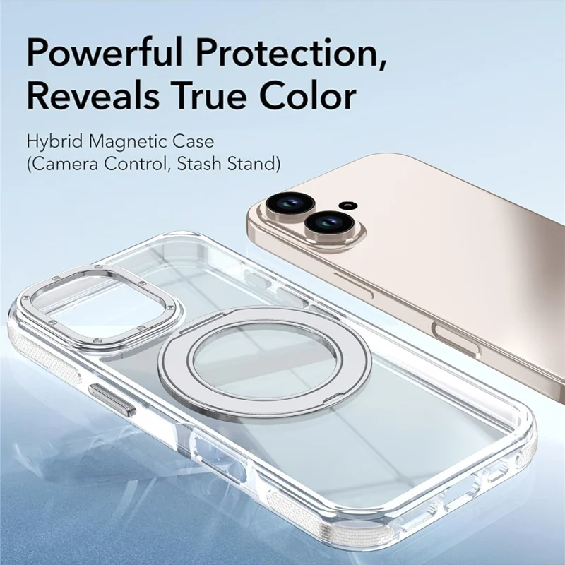 For iPhone 16 Magnetic Case Rotating Ring Kickstand Dual Color Acrylic + TPU Clear Phone Cover - White