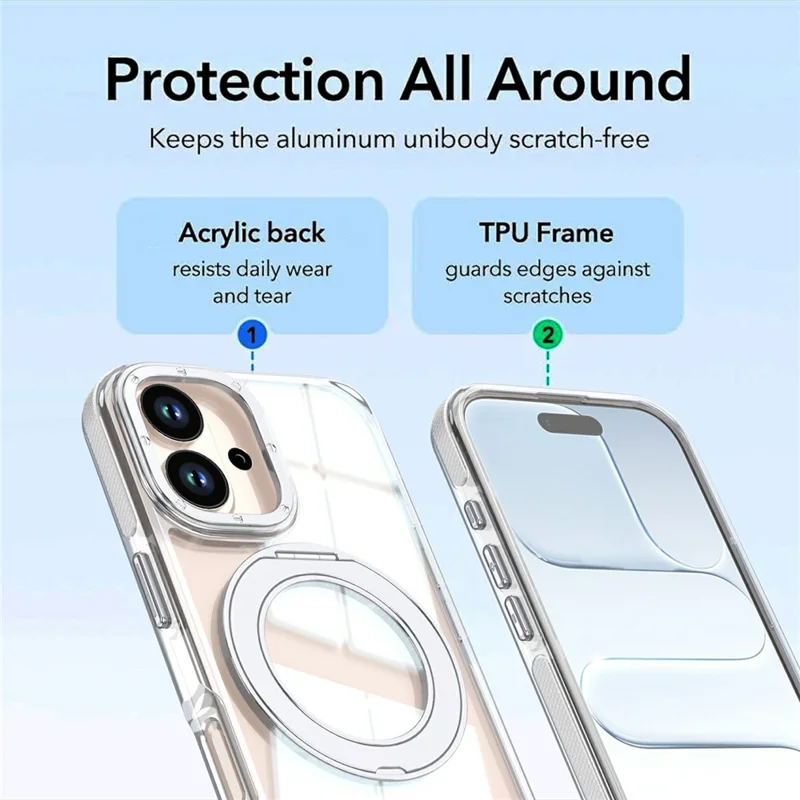 For iPhone 16 Magnetic Case Rotating Ring Kickstand Dual Color Acrylic + TPU Clear Phone Cover - White