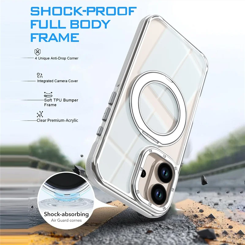 For iPhone 16 Magnetic Case Rotating Ring Kickstand Dual Color Acrylic + TPU Clear Phone Cover - White