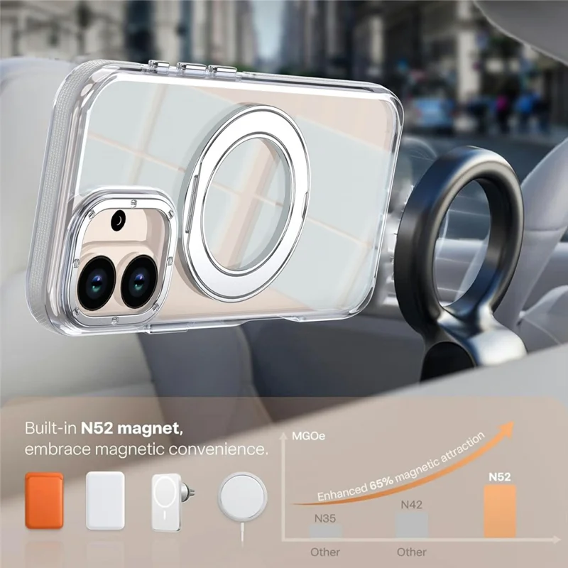 For iPhone 16 Magnetic Case Rotating Ring Kickstand Dual Color Acrylic + TPU Clear Phone Cover - White