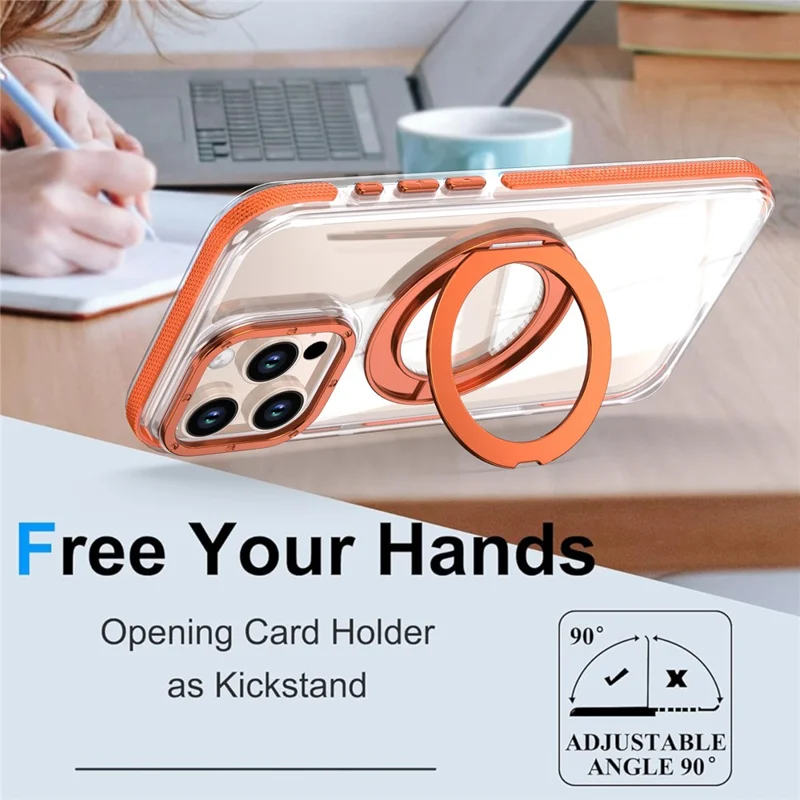 For iPhone 16 Pro Magnetic Case Rotating Ring Kickstand Dual Color Acrylic + TPU Clear Phone Cover - Orange