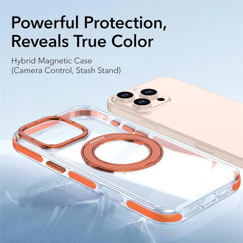 For iPhone 16 Pro Magnetic Case Rotating Ring Kickstand Dual Color Acrylic + TPU Clear Phone Cover - Orange