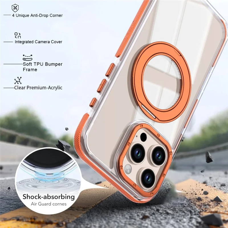 For iPhone 16 Pro Magnetic Case Rotating Ring Kickstand Dual Color Acrylic + TPU Clear Phone Cover - Orange