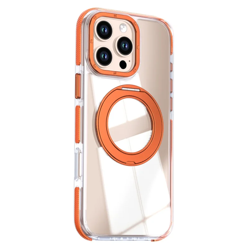For iPhone 16 Pro Max Magnetic Case Rotating Ring Kickstand Dual Color Acrylic + TPU Clear Phone Cover - Orange