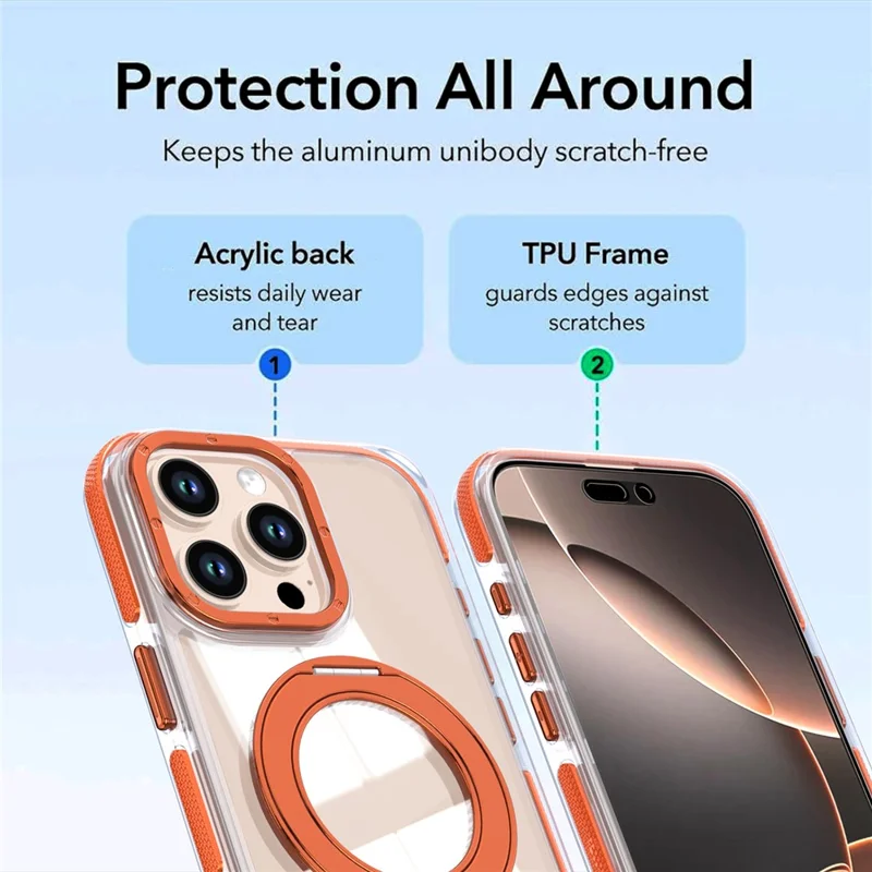 For iPhone 16 Pro Max Magnetic Case Rotating Ring Kickstand Dual Color Acrylic + TPU Clear Phone Cover - Orange