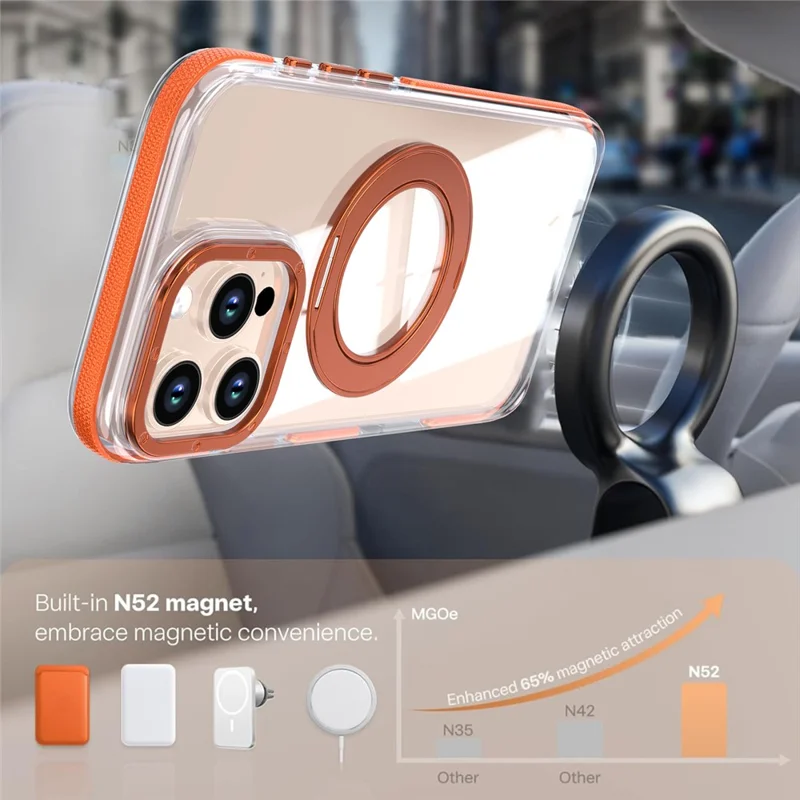 For iPhone 16 Pro Max Magnetic Case Rotating Ring Kickstand Dual Color Acrylic + TPU Clear Phone Cover - Orange