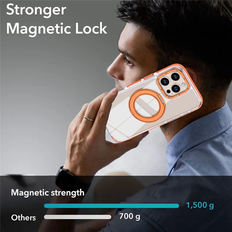 For iPhone 16 Pro Max Magnetic Case Rotating Ring Kickstand Dual Color Acrylic + TPU Clear Phone Cover - Orange