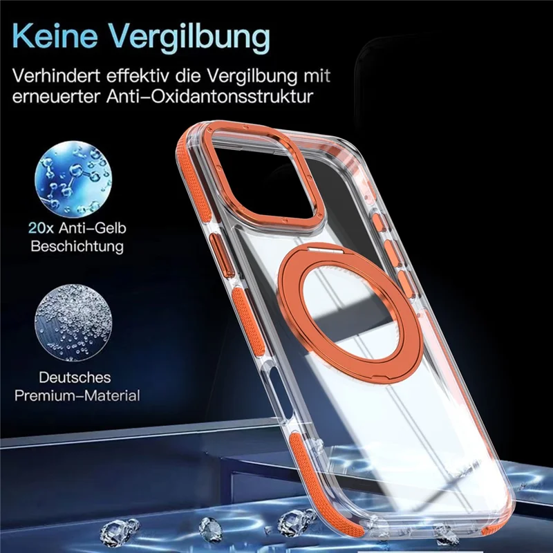 For iPhone 16 Pro Max Magnetic Case Rotating Ring Kickstand Dual Color Acrylic + TPU Clear Phone Cover - Orange