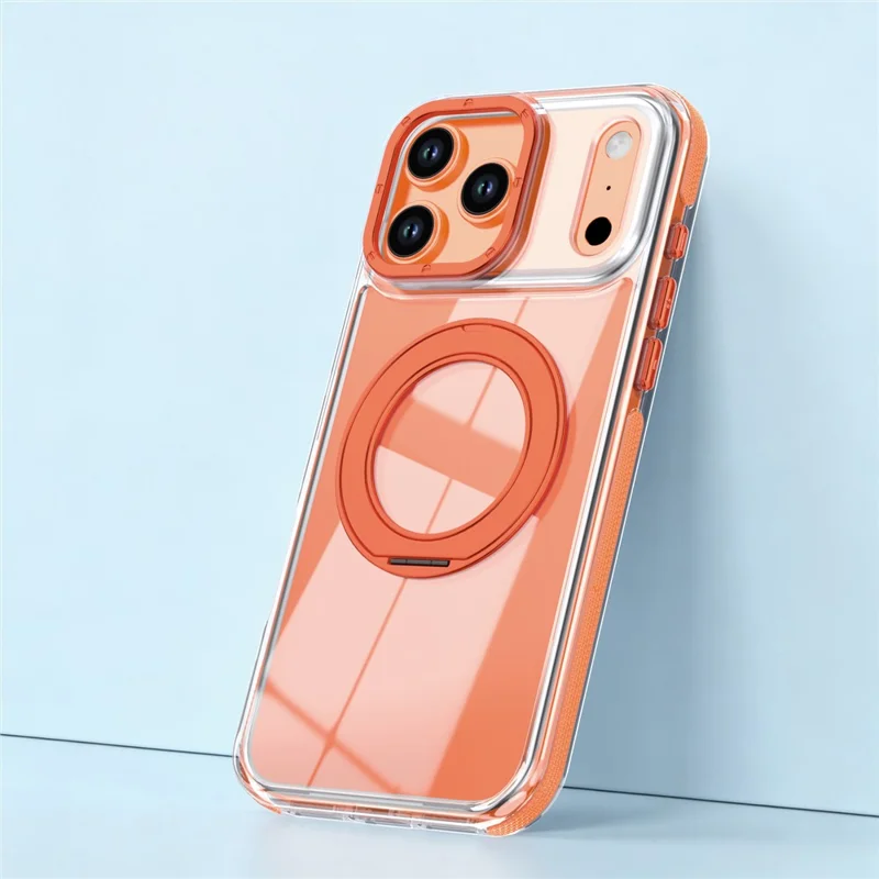 For iPhone 17 Pro Magnetic Case Rotating Ring Kickstand Dual Color Acrylic + TPU Clear Phone Cover - Orange