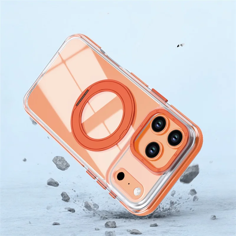 For iPhone 17 Pro Magnetic Case Rotating Ring Kickstand Dual Color Acrylic + TPU Clear Phone Cover - Orange