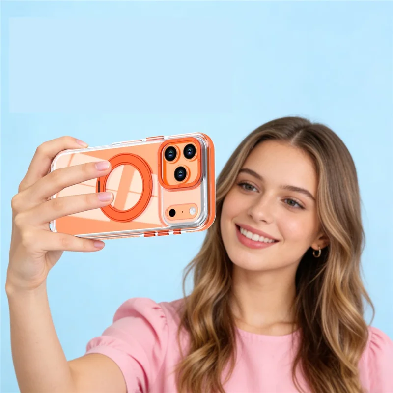 For iPhone 17 Pro Magnetic Case Rotating Ring Kickstand Dual Color Acrylic + TPU Clear Phone Cover - Orange