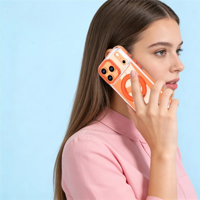 For iPhone 17 Pro Magnetic Case Rotating Ring Kickstand Dual Color Acrylic + TPU Clear Phone Cover - Orange
