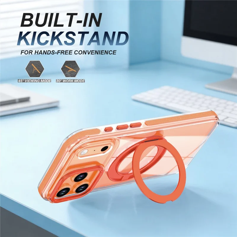 For iPhone 17 Pro Magnetic Case Rotating Ring Kickstand Dual Color Acrylic + TPU Clear Phone Cover - Orange