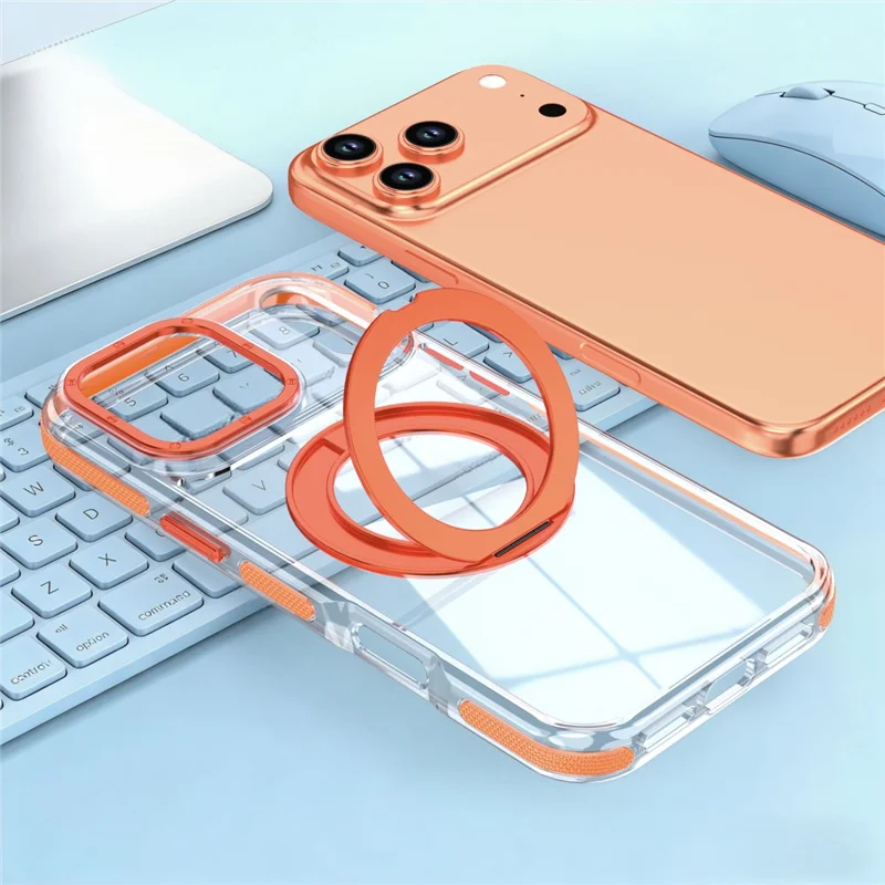 For iPhone 17 Pro Max Magnetic Case Rotating Ring Kickstand Dual Color Acrylic + TPU Clear Phone Cover - Orange